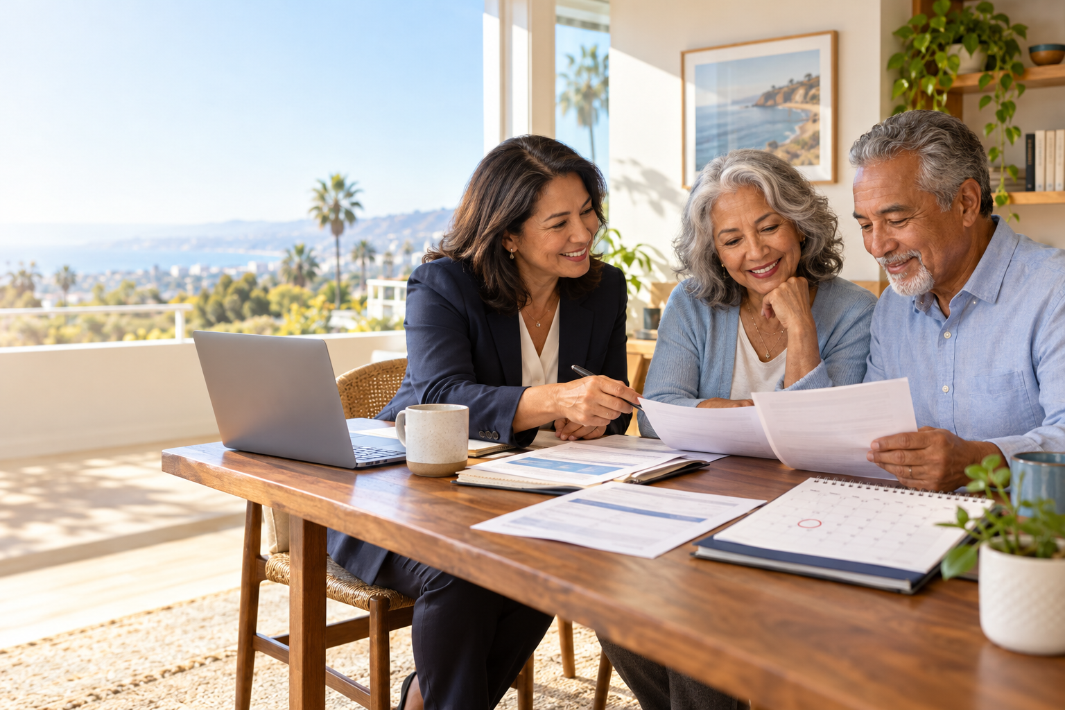 Older California couple reviews Medicare Supplement paperwork with an insurance advisor in a sunny home office.