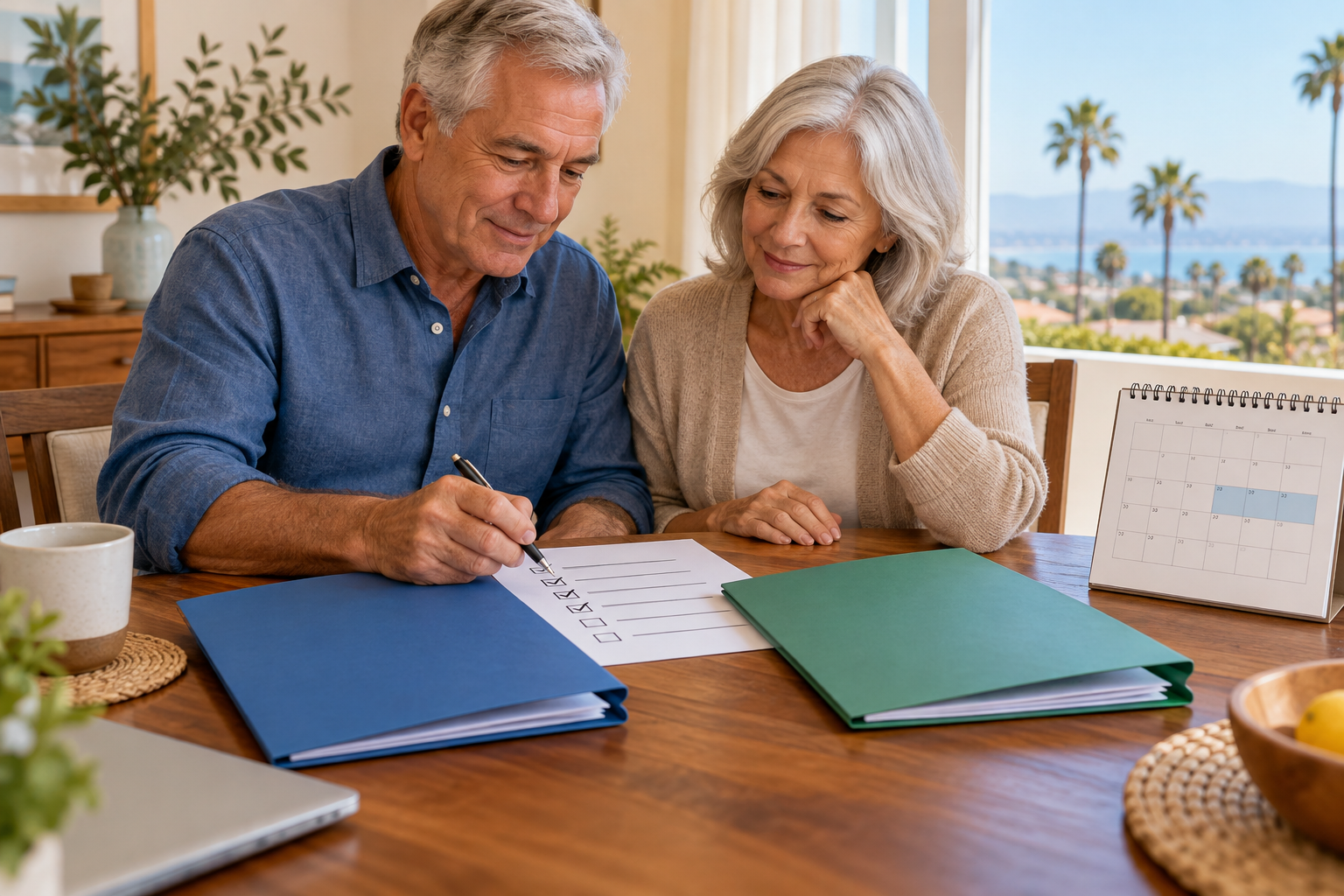 Older California couple uses a checklist and two insurance folders to coordinate continuous coverage.