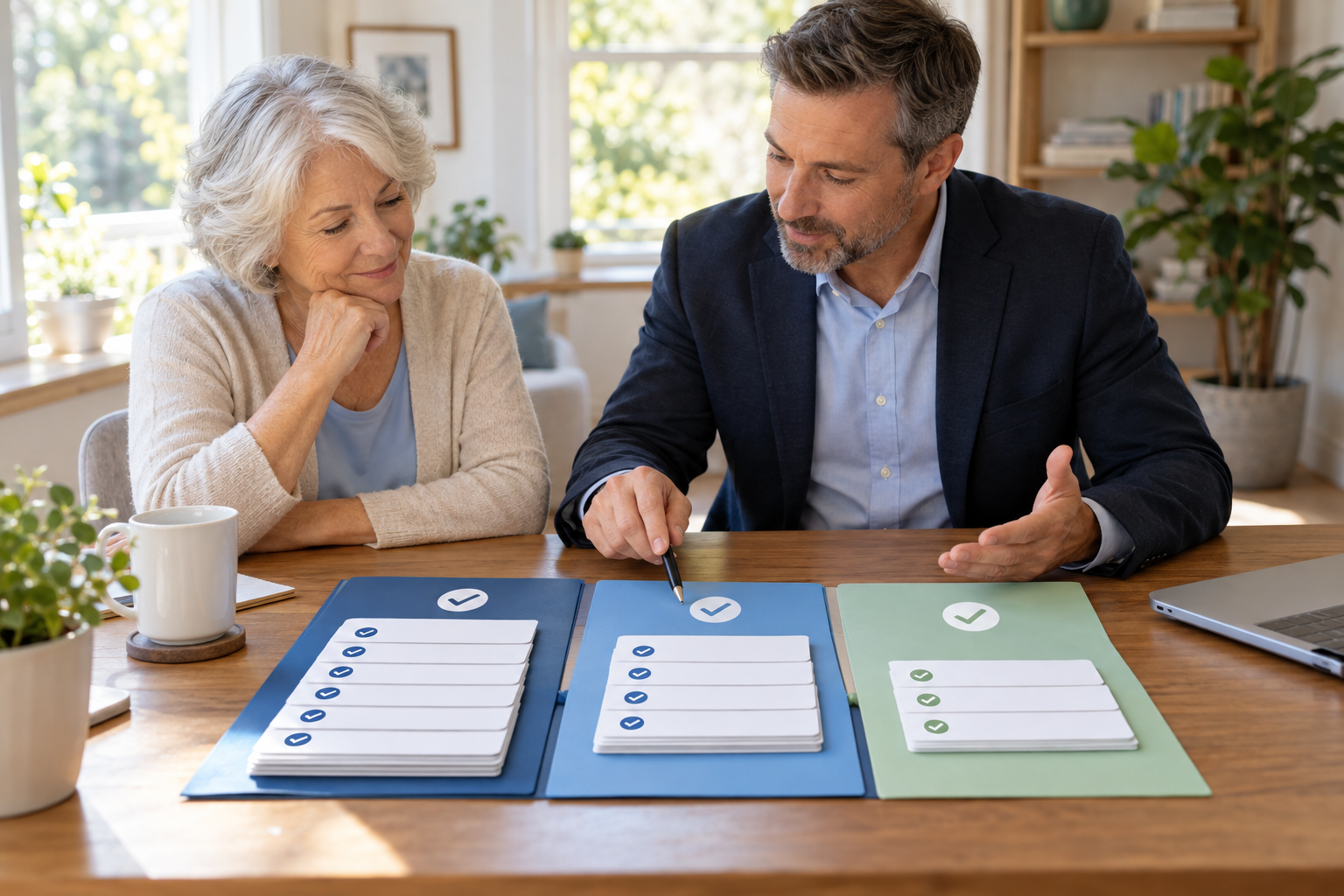 Older woman compares three unbranded coverage folders with an insurance advisor at a home office table.