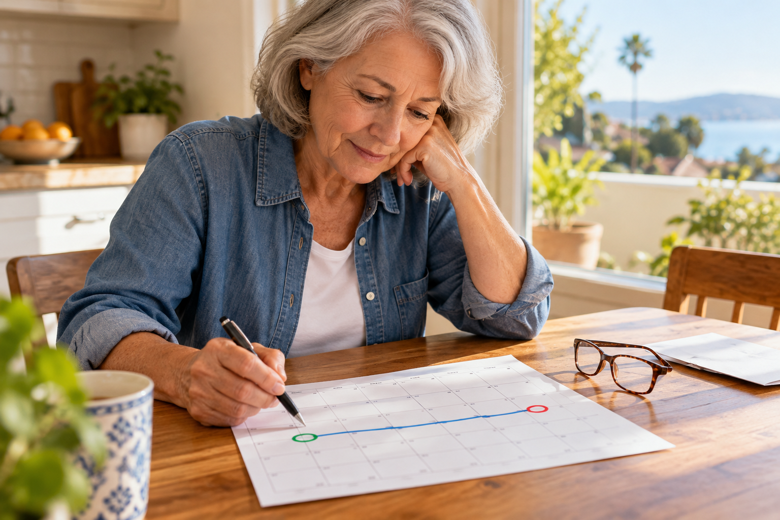 Older woman marks a 60-day span on a paper calendar at a sunlit California kitchen table.