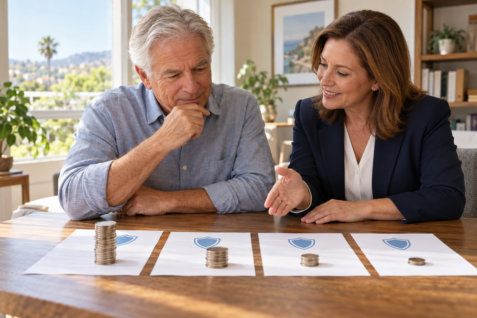 Older man and advisor compare identical coverage options shown with different stacks of coins.